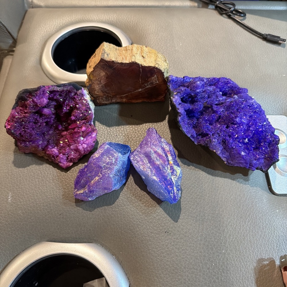 Madagascar Petrified Wood Slab 3", 2pc Flame Aura Quartz & Dyed Purple Geode Lot